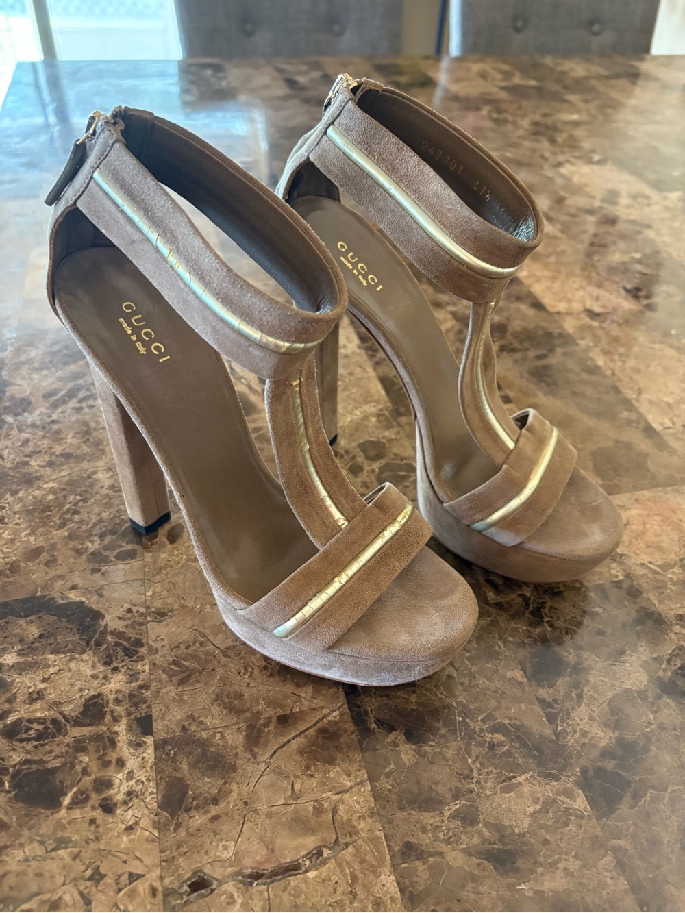 Gucci Taupe Suede Heeled Sandals with Gold Accent. Size 7.5, 37 1/2 EU # 247707